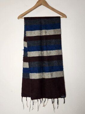 Vintage Lost Horizons Wool Striped Tasseled Scarf Blue Brown Gray